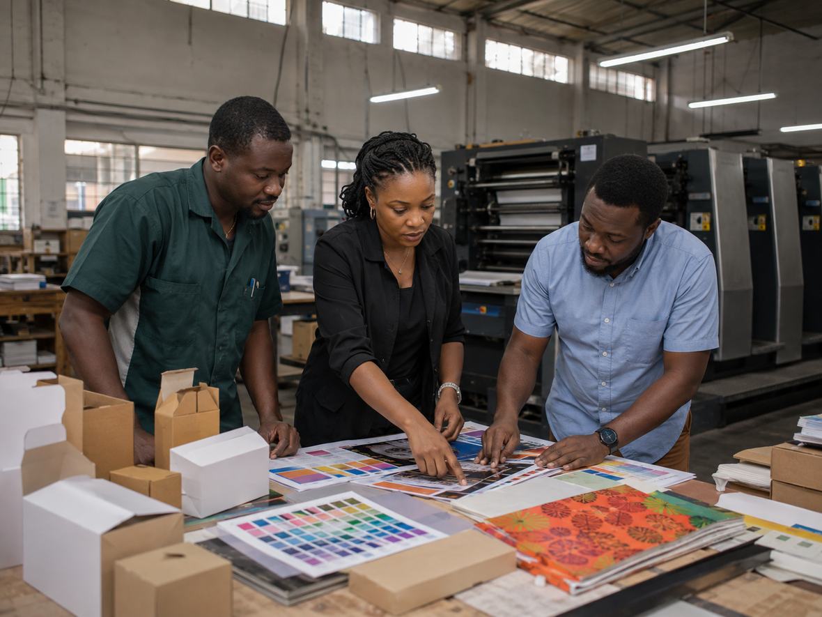 Printer, designer and client reviewing colour proofs, swatch books and carton dielines press-side