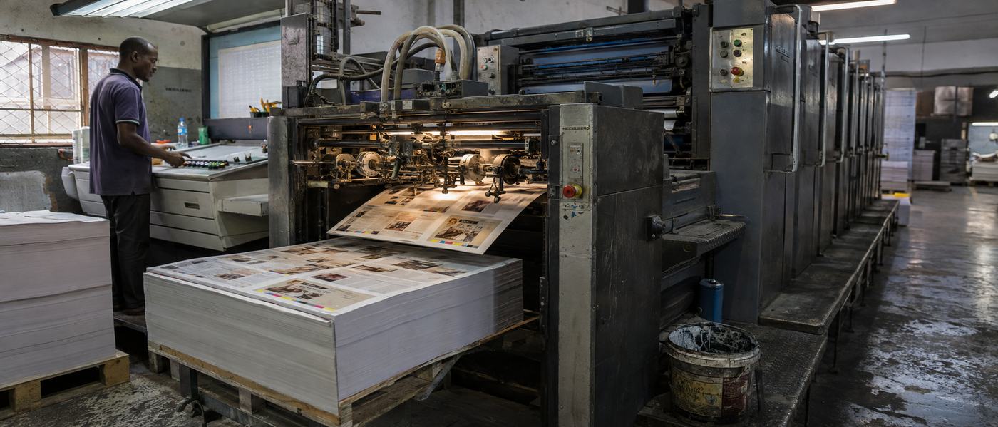 Finished print run stacked at the delivery end of a press ready for enterprise dispatch