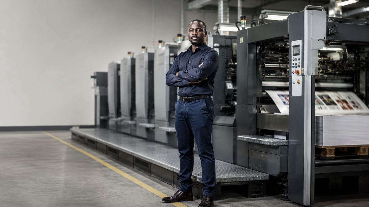 Print business owner standing beside a multi-colour offset press