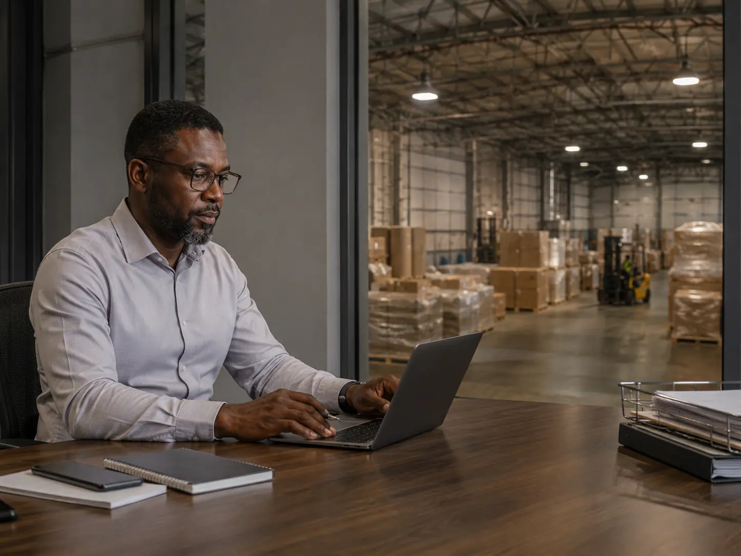 Supplier working from warehouse office