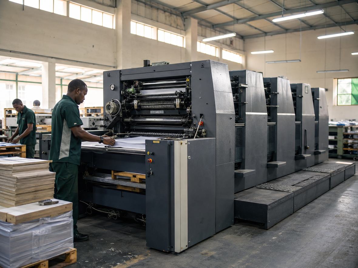 Press operator running a four-colour offset press in a partner print house