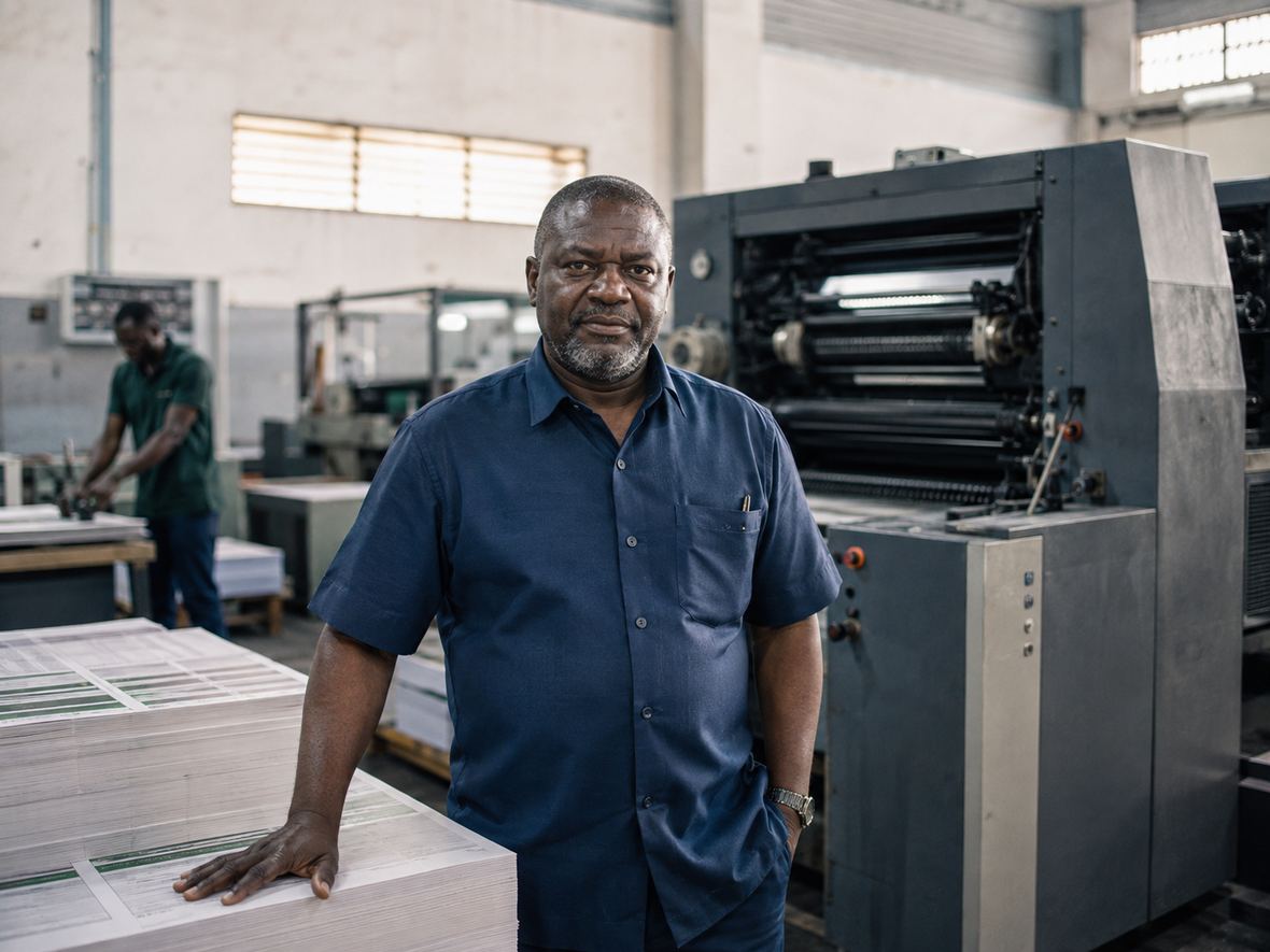 Print business owner beside a stack of finished sheets on the factory floor
