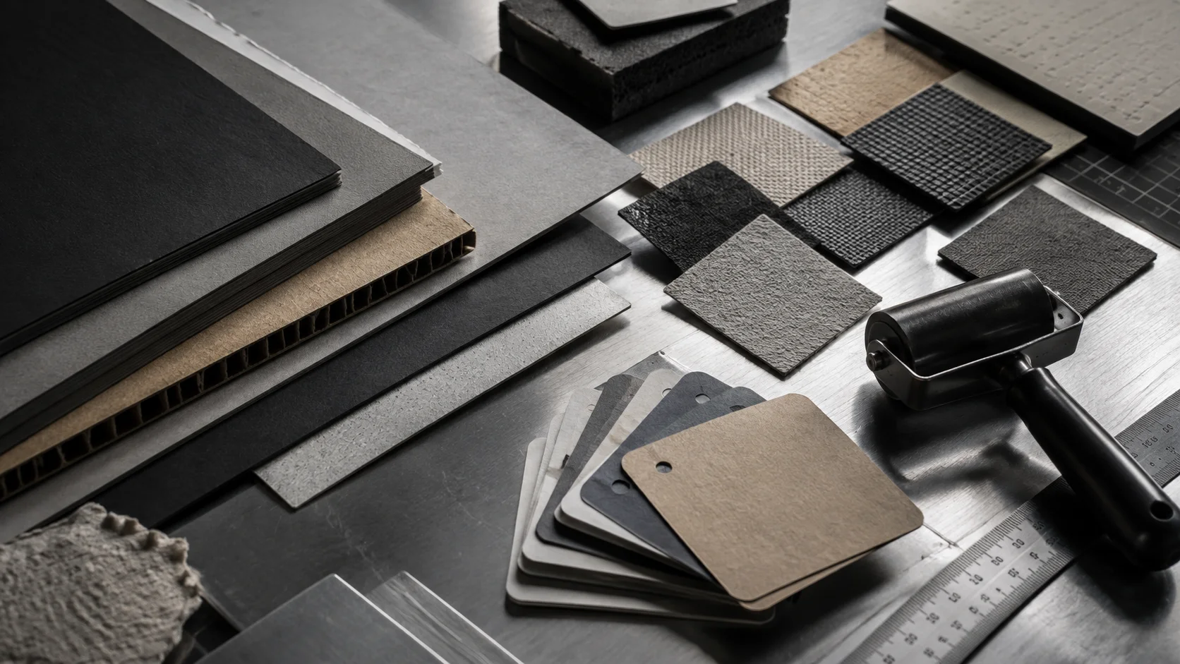 Material sourcing board samples and packaging stock.