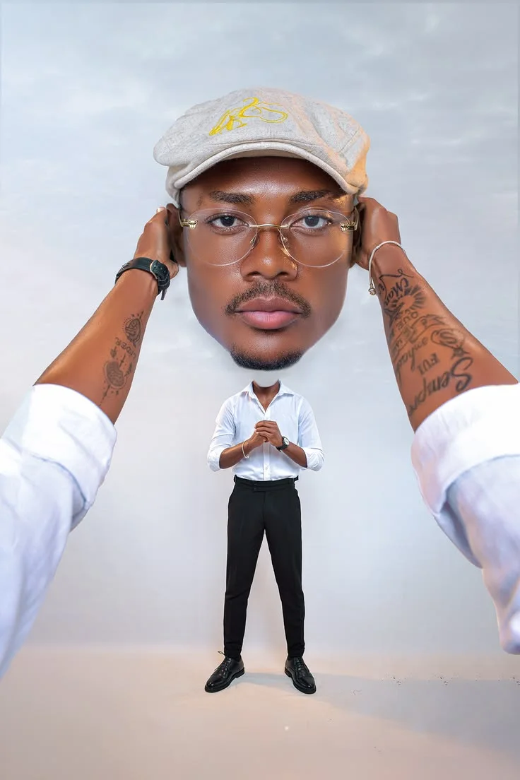 Surreal portrait showing oversized head and hands in a studio scene.