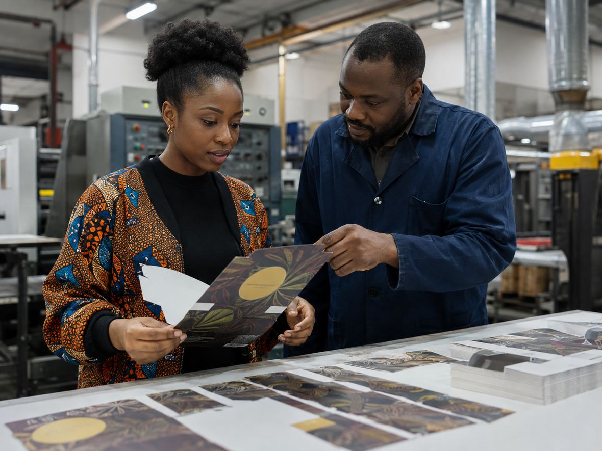 Client and press operator reviewing a finished packaging proof on the factory floor