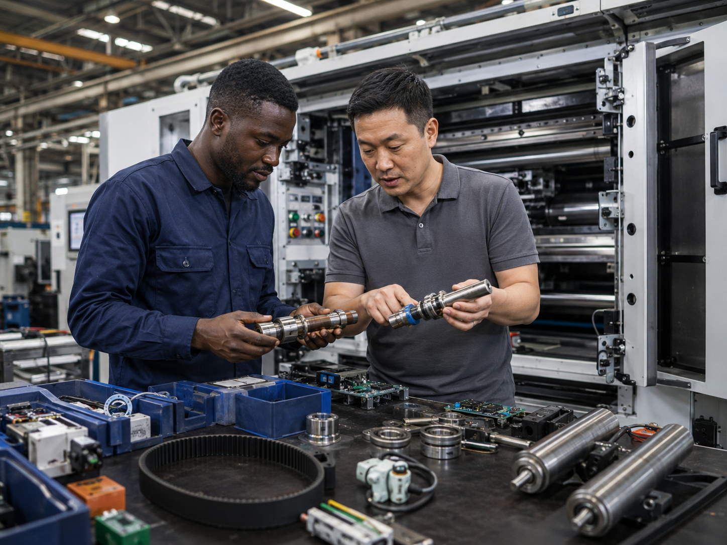Two technicians inspecting a replacement cylinder and spare parts for a printing press