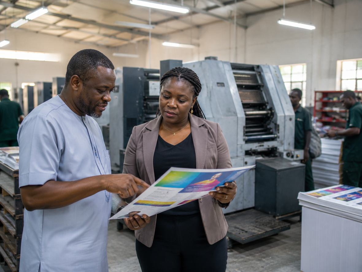 Production manager and client reviewing a colour proof together beside the press before approval
