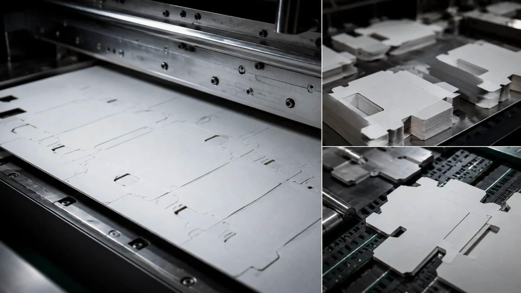 Die-cut packaging templates inside industrial machinery.