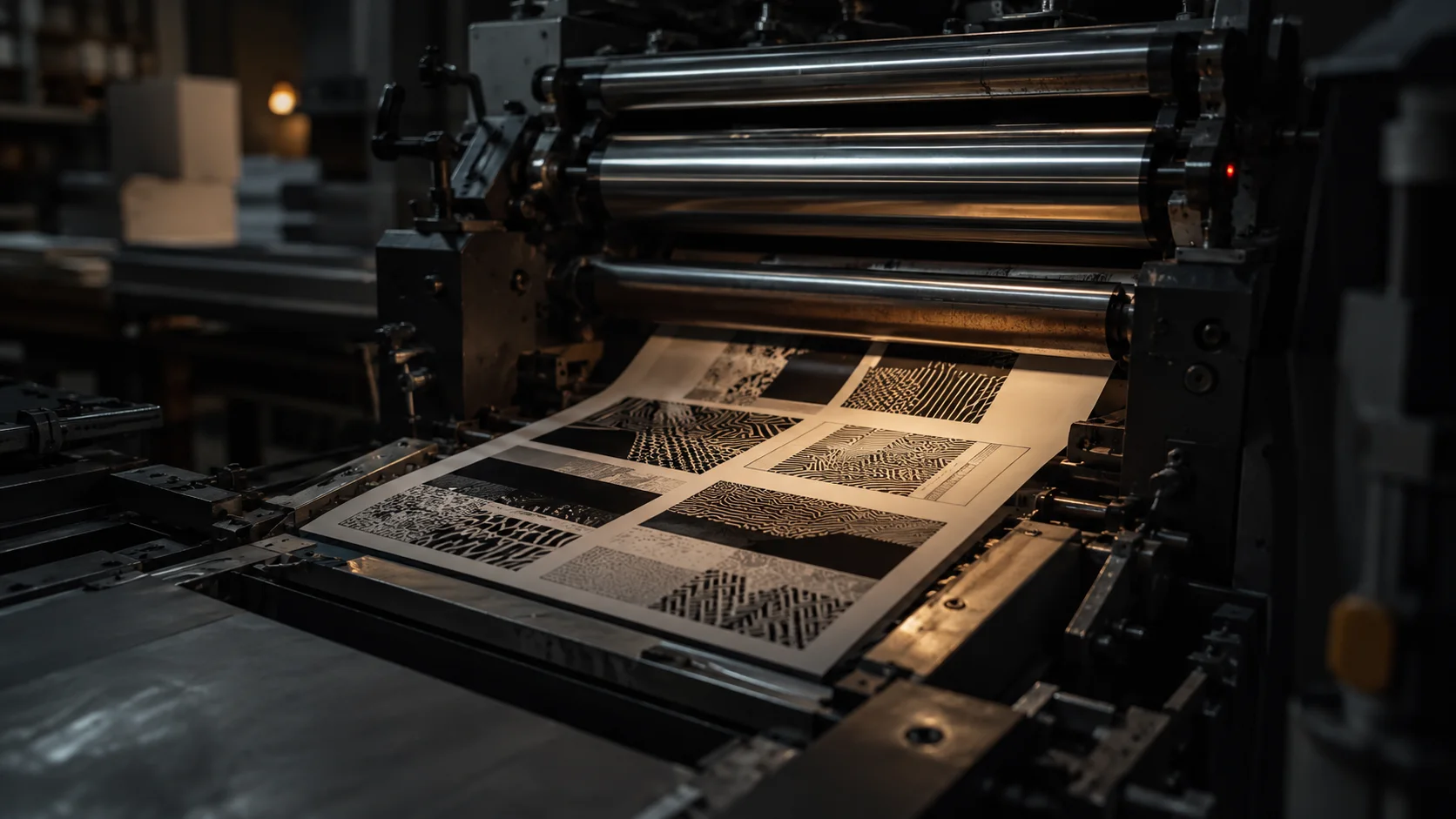 Industrial printing press running printed sheets.