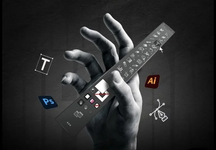 Monochrome hand surrounded by design tool icons and a floating creative toolbar.