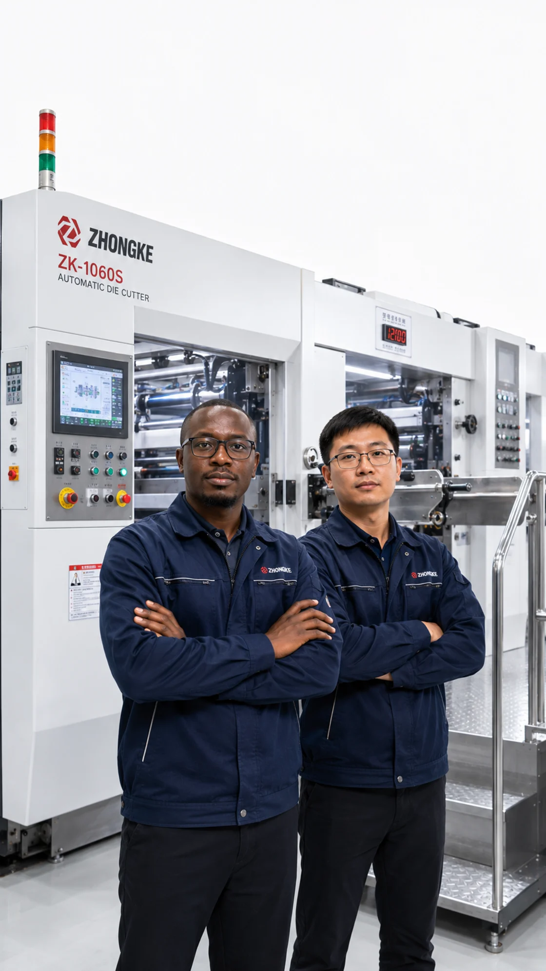 Two industrial equipment partners standing in front of a die cutting machine