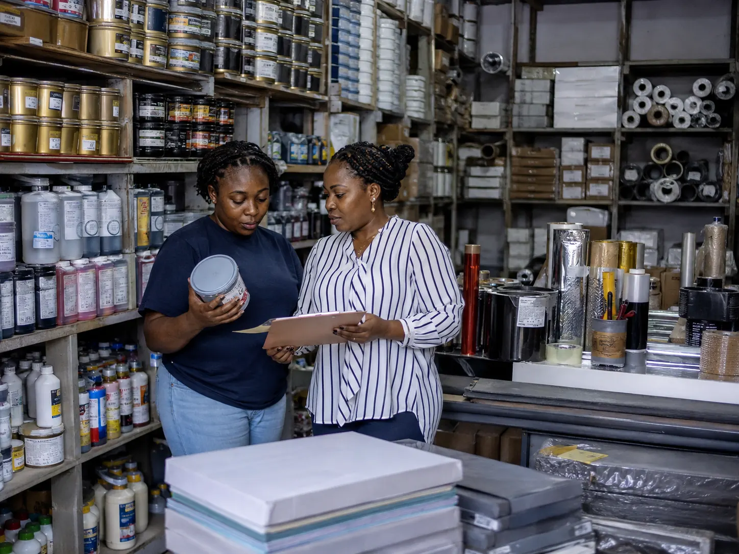 Two women reviewing finishing materials in a stocked shop