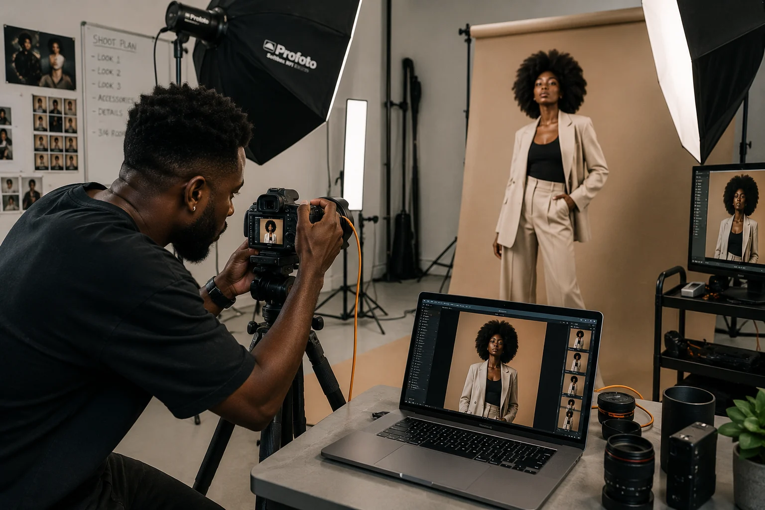 Photographer shooting a model in a controlled studio environment.