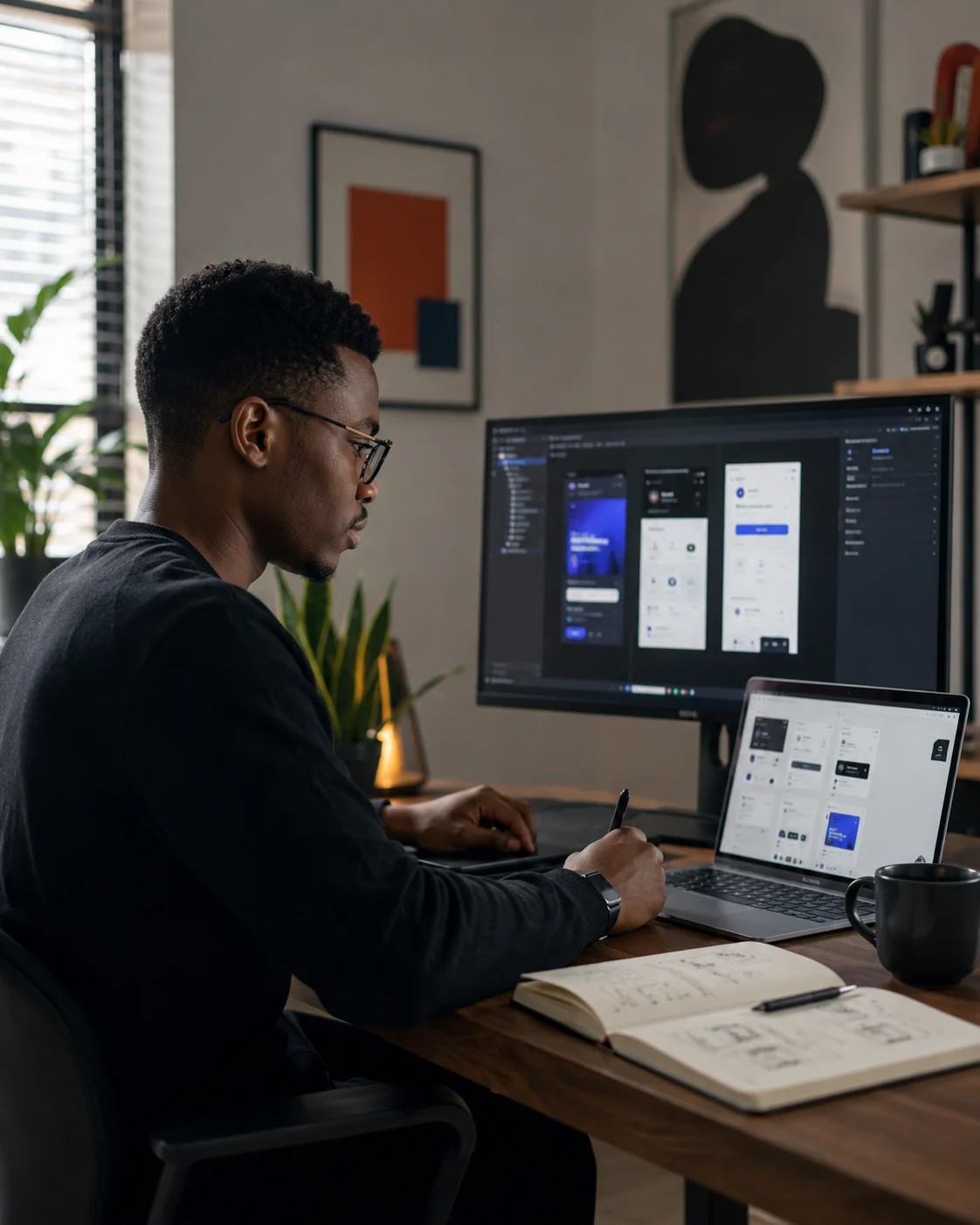 Product designer working on interface designs across desktop and laptop screens.
