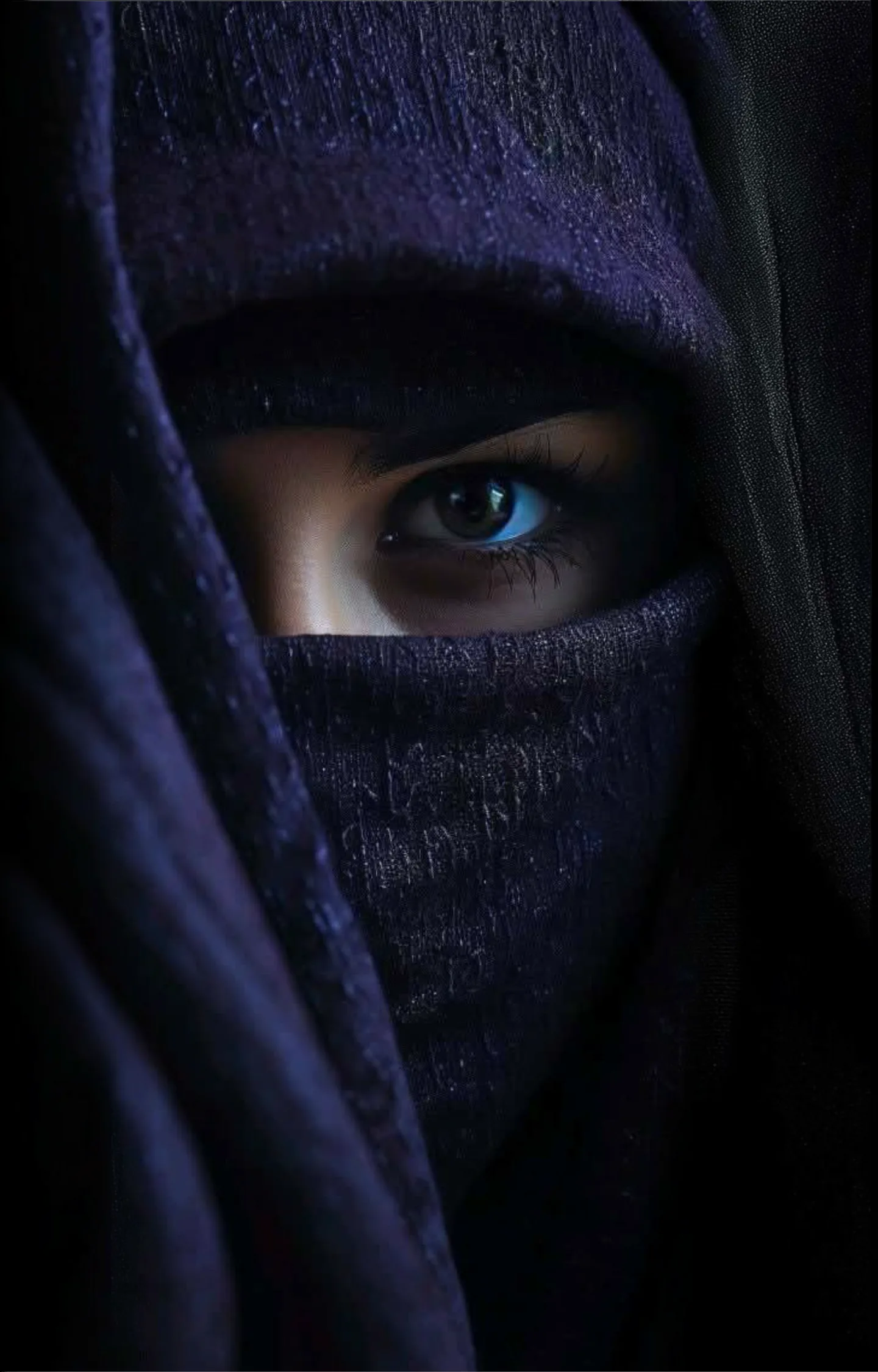 A veiled figure, half-lit — one eye meeting the lens