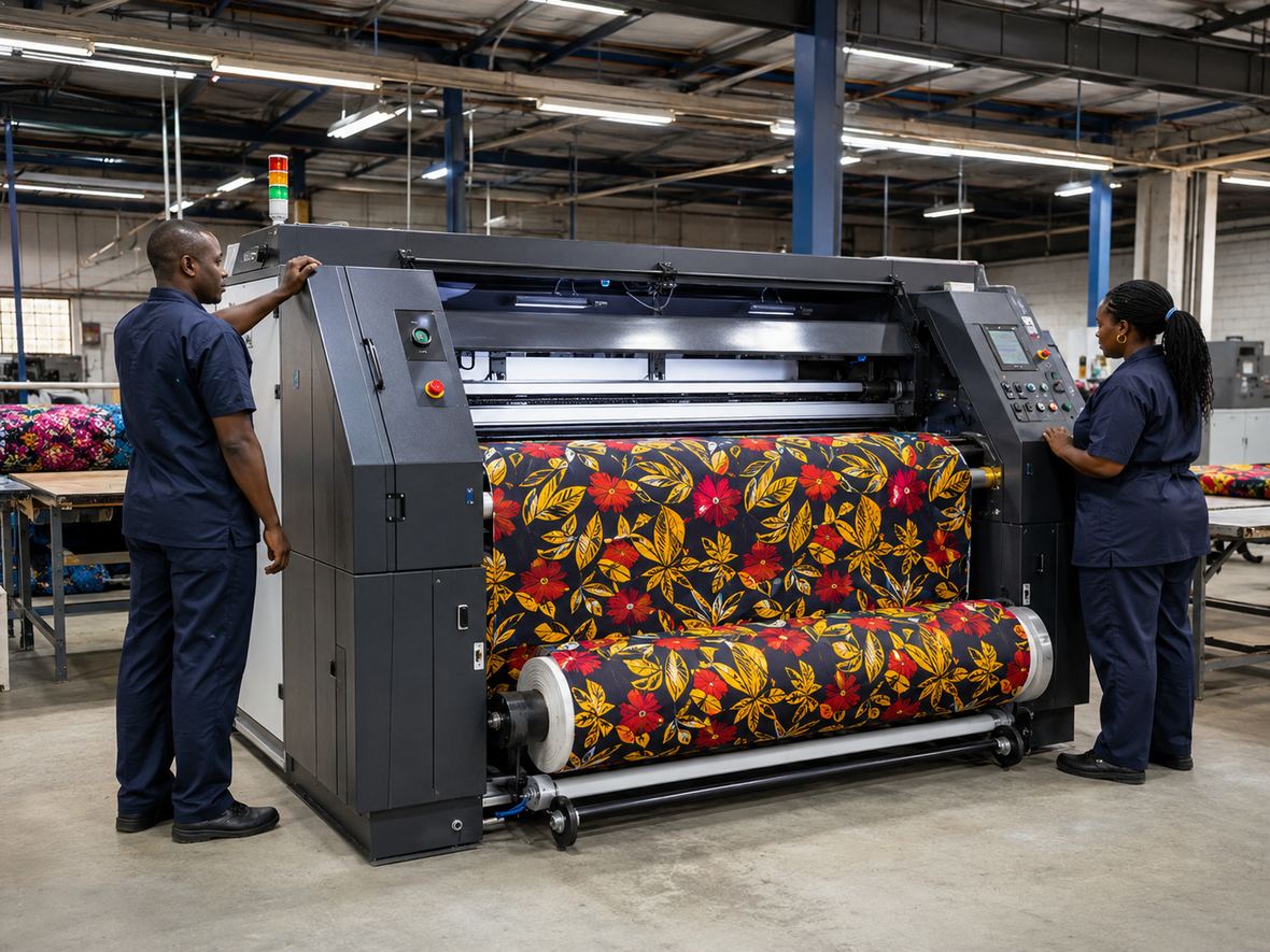 Two operators running a wide-format textile printer on patterned fabric