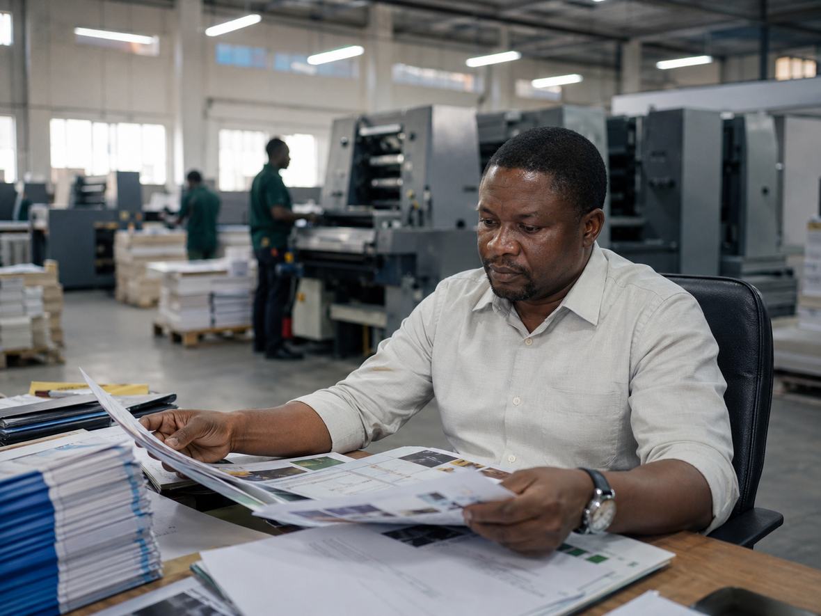 Print business owner reviewing job records and printed signatures at his desk on the factory floor