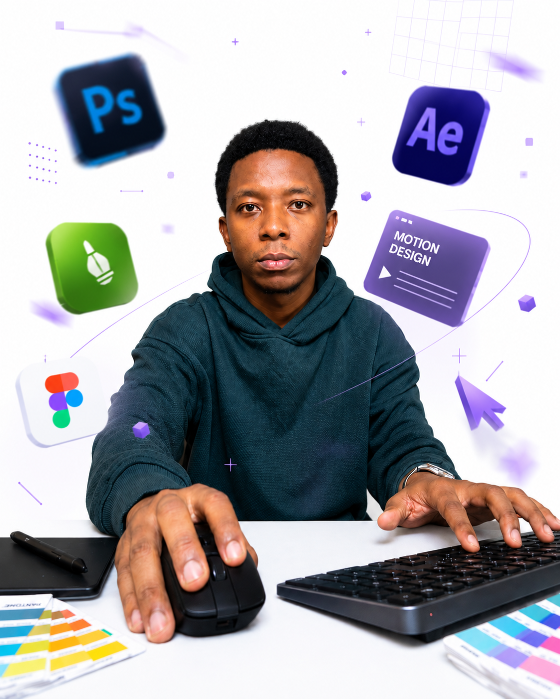 Designer at a workstation surrounded by floating design-tool icons