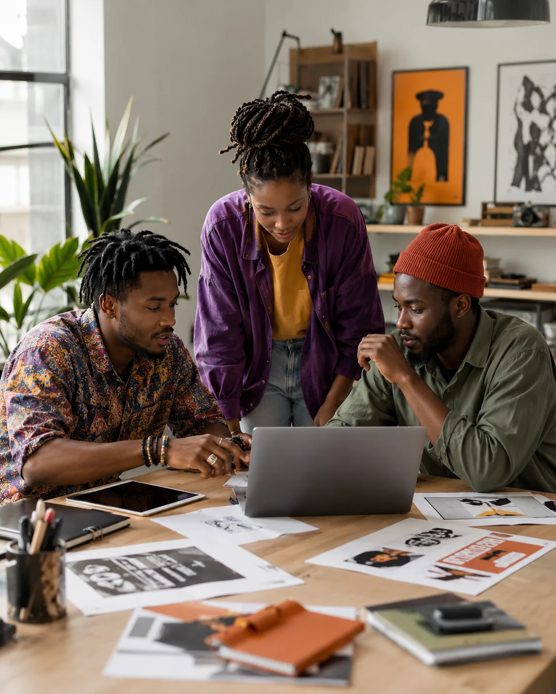 Three African creatives reviewing work together around a laptop.