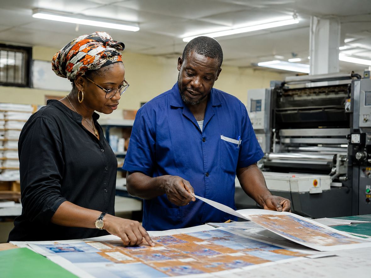 Prepress lead and press operator checking a printed signature at the make-ready table