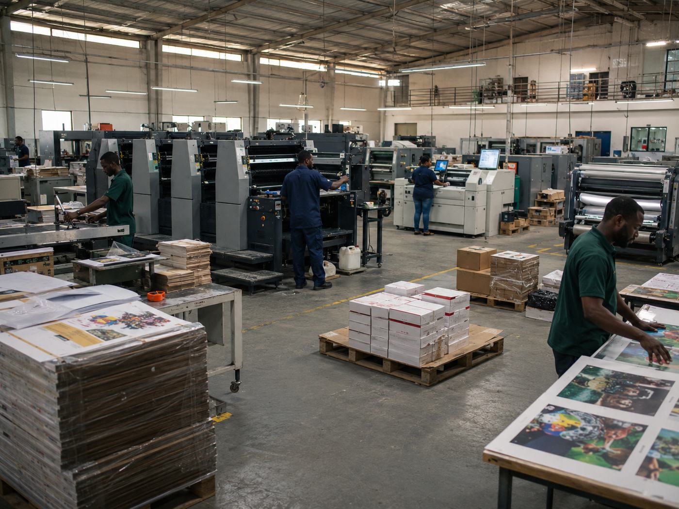 Wide view of a Nigerian print factory floor with multiple offset presses and palletised finished work