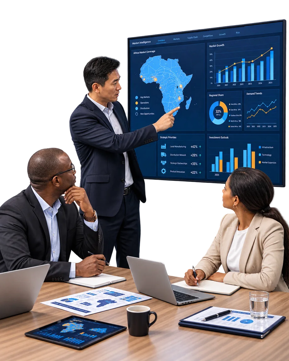 Market intelligence strategy meeting with an Africa market dashboard
