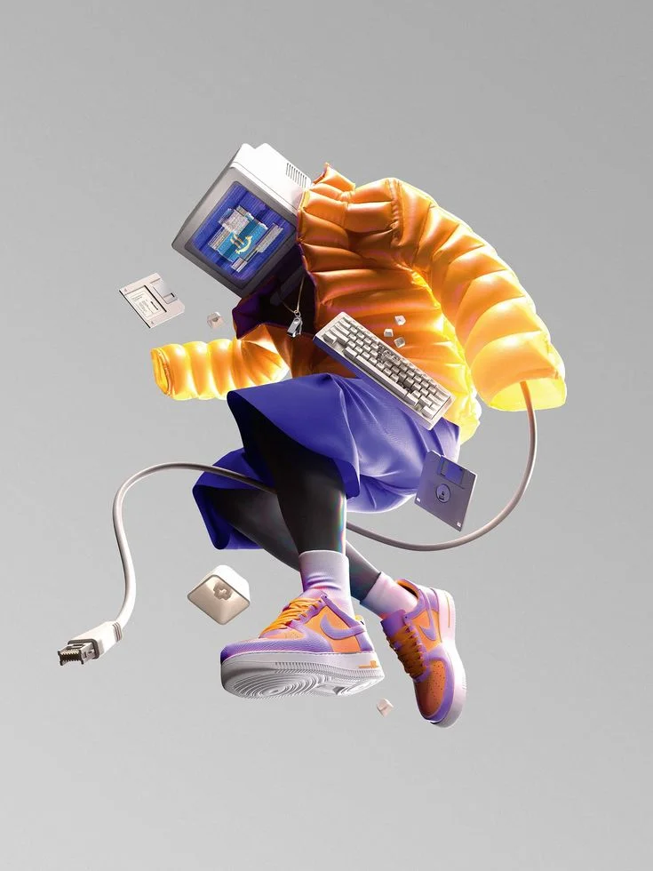 Conceptual 3D creative figure with computer accessories floating around the body.