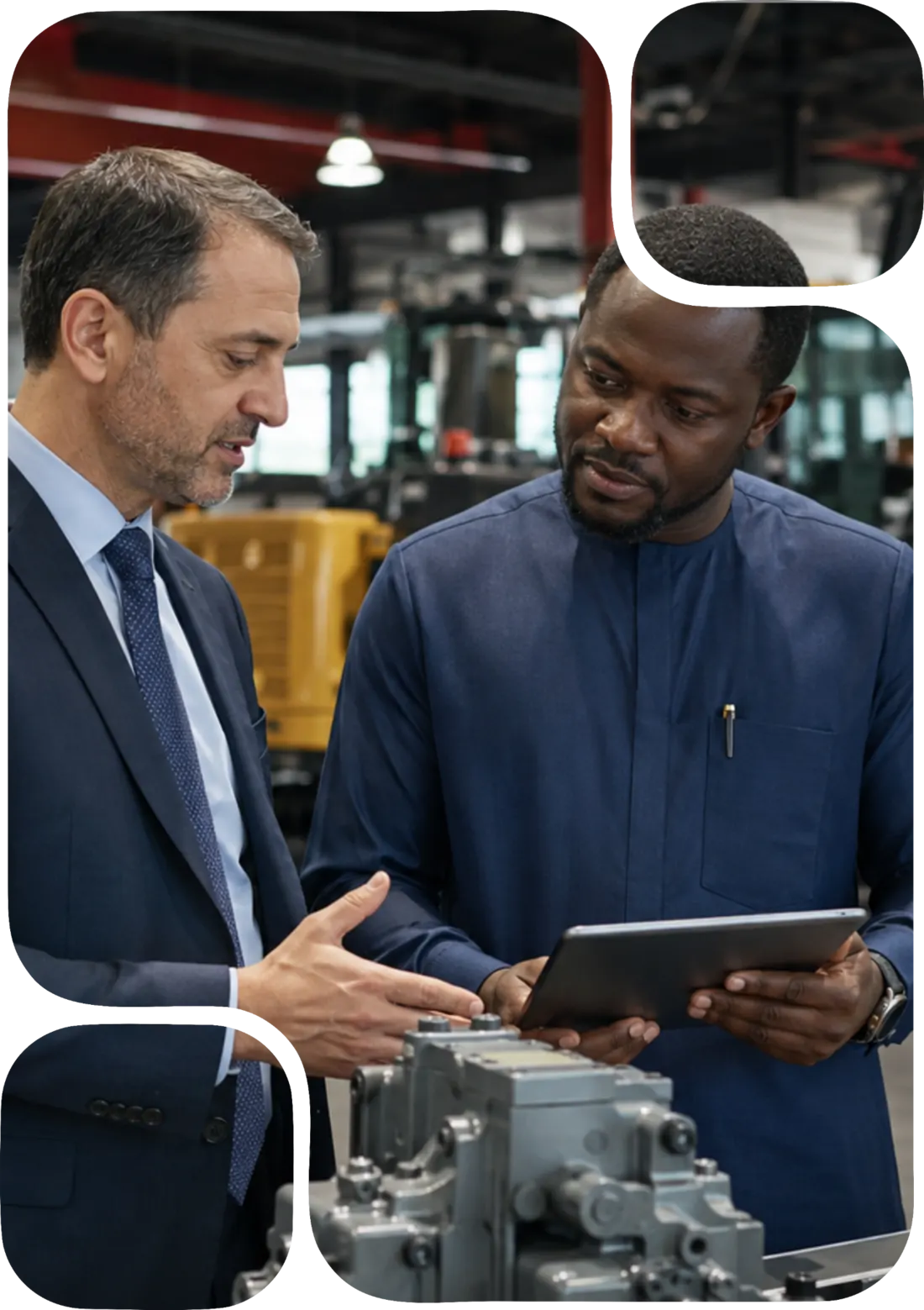 OEM representative and African manufacturing executive reviewing production equipment