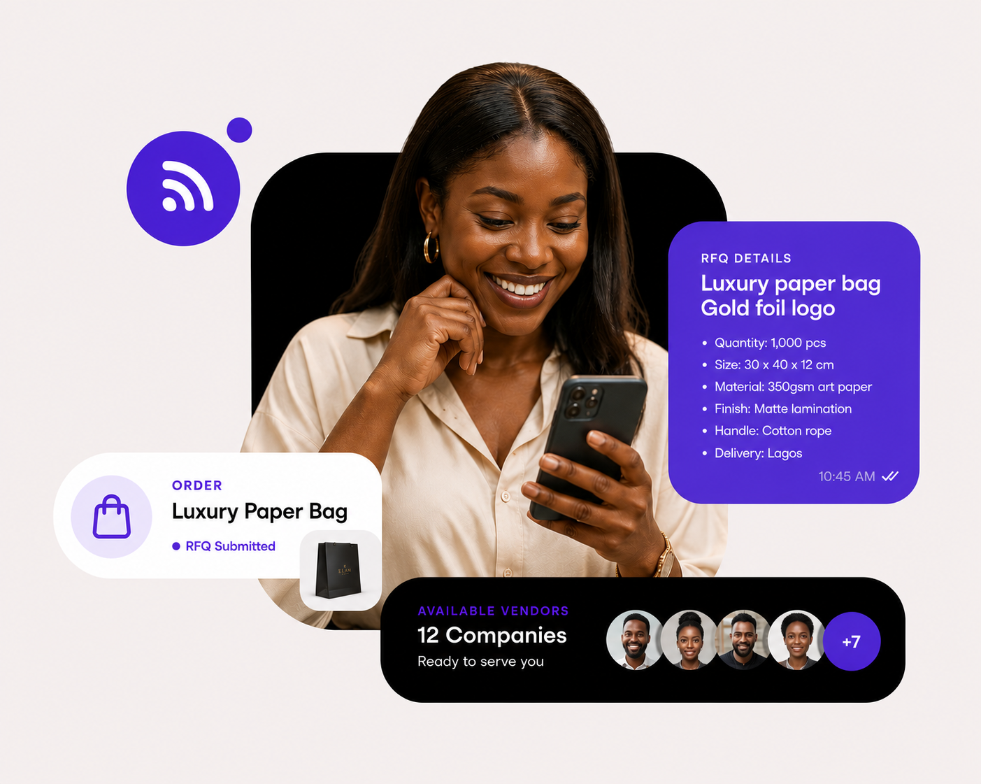 Customer experience showing RFQ details, order status, and available vendors